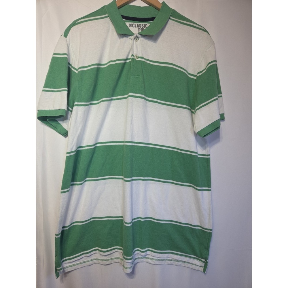 Old Navy Classic Polo Shirt Mens Large‎ Green White Striped Short Sleeve Cotton